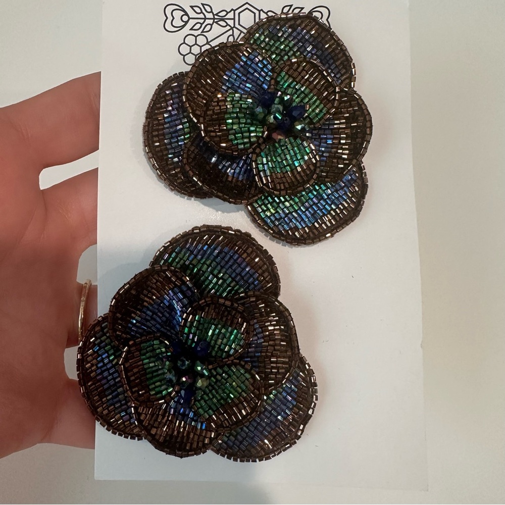 Olivia Dar Anthropologie camelia Beaded flower Earrings - Blue and Green